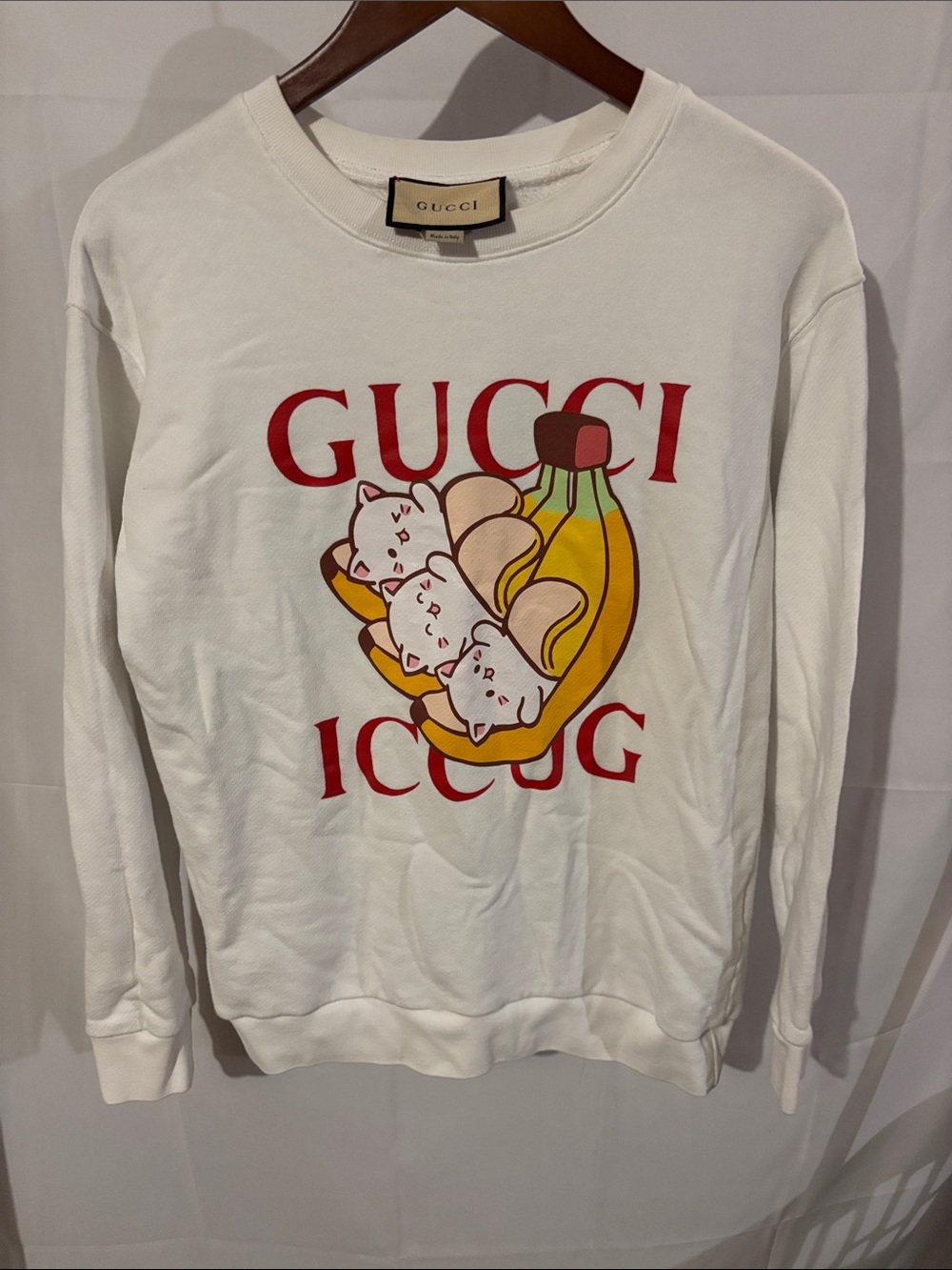 Gucci White Sweatshirt with Red Logo, Yellow Banana & Pink Cat Graphic
